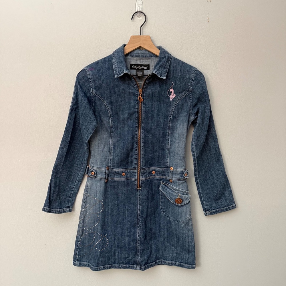 Vintage y2k Baby Phat Girlz Denim Zip Mini Dress Girls L Women's XXS Long Sleeve